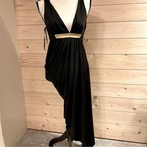 Bebe asymmetrical long evening dress deep V neck, black & gold, size Small,  EUC